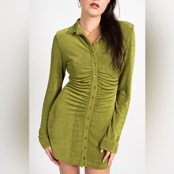 With Jean Andy Mini Green Shirt Dress Long Sleeve Size XS - Picture 8 of 15